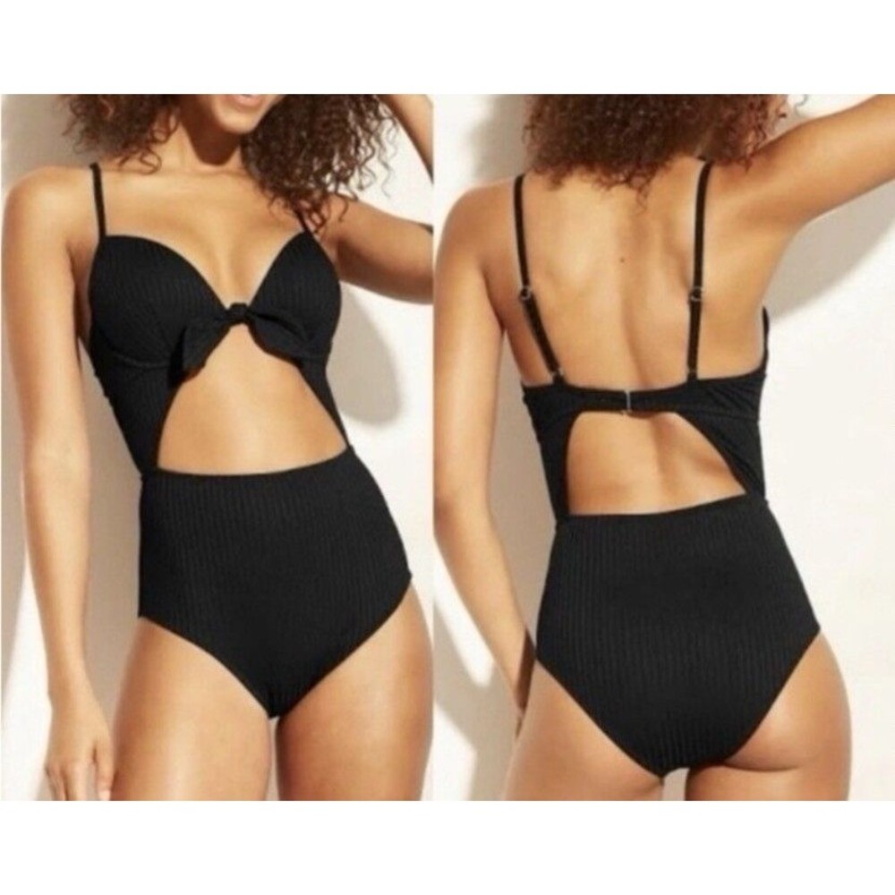 NWT Decree Sexy Black Cut Out Low Back 1pc Swimsuit Monokini Front Tie Sz S